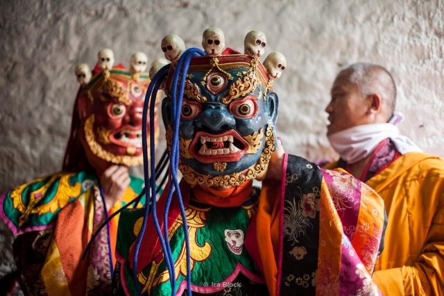 Dancers with masks for the cham dance, which is associated with some sects of Buddhism at Punakha Dzong, Bhutan.