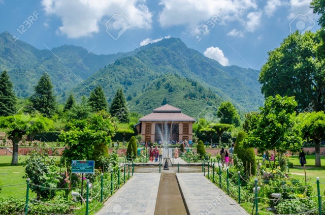 Srinagar, Jammu and Kashmir, India - July1, 2017 : Chashme Shahi is one of the Mughal gardens built in 1632 AD, overlooking Dal Lake in Srinagar, Jammu & Kashmir, India.